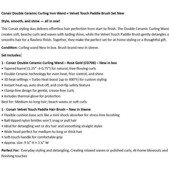 Conair Double Ceramic Curling Iron Wand + Velvet Touch Paddle Brush Set New - Picture 2 of 9